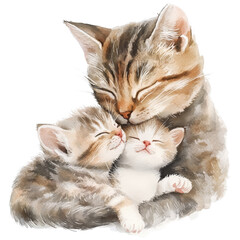 Mother cat hugs kittens. Mom with babies. Isolated element with transparent background. Cute watercolor illustration for Mother's Day. Greeting card, poster, print, 