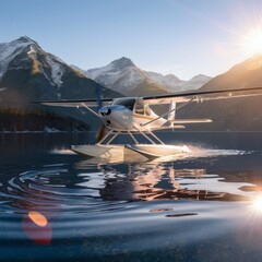 Electric Seaplane Lake Landing: A sleek amphibious aircraft touches down on a glassy mountain lake at golden hour.
