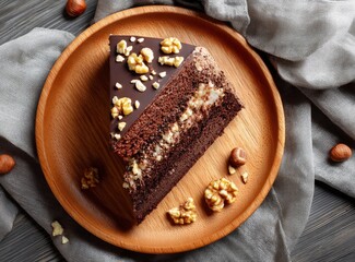 Chocolate Cake Slice on Wooden Plate with Walnut