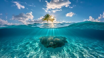 Split-level ocean view palm tree, sun rays, coral, turquoise water, blue sky