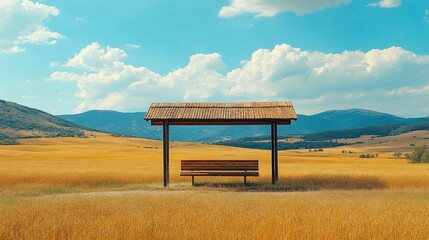 A tranquil landscape with a wooden bench under a canopy amidst golden fields