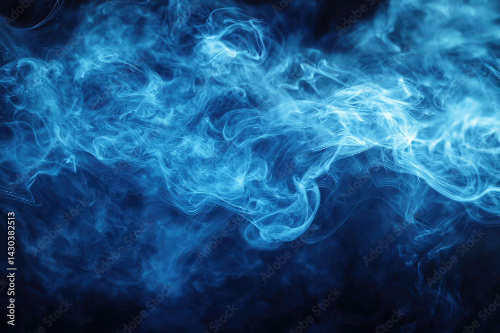 Poster mysterious and dreamy, wisps of electric blue smoke dance and curl against a deep, dark background c