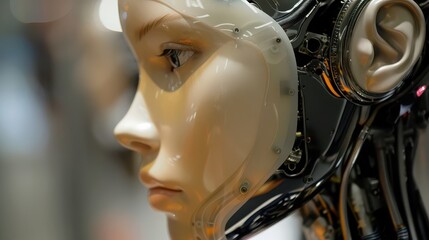 Fototapeta premium Close up shot of a humanoid robot face with visible mechanical components and a realistic skin overlay