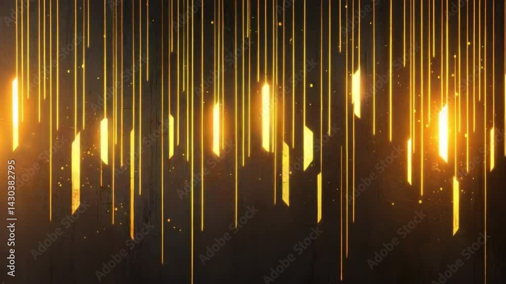 Poster shimmering golden light rays on dark background with vertical lines and abstract design elements