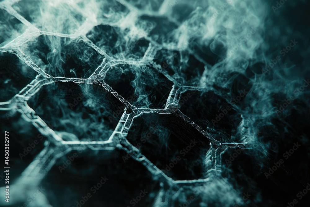 Poster Abstract close-up of a hexagonal structure, perhaps molecular or technological, surrounded by wisps of bluish-gray smoke or mist, evoking science or innovation.