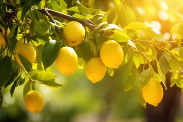 close up of ripe yellow lemons hanging on a branch covered with raindrops with a blurred background