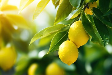 Obraz premium close-up of fruit tree branch with ripe juicy lemons covered with water drops on blurred bokeh background at citrus plantation