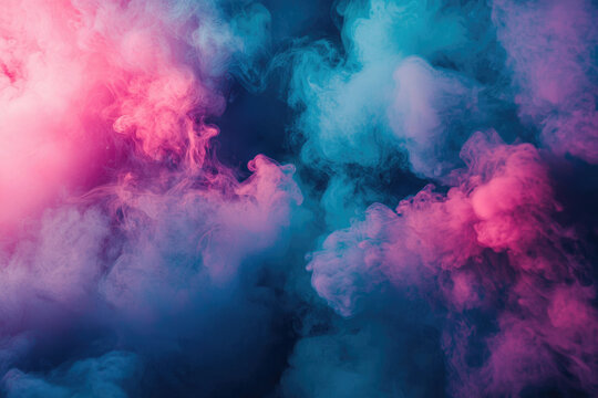 Abstract cloudscape featuring swirling pink and blue smoke, creating a dreamy and ethereal visual effect against a dark backdrop.