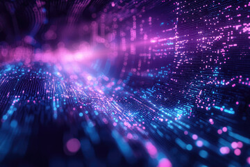 Naklejka premium Abstract digital landscape with glowing blue and purple lights, resembling data flow or a futuristic network.
