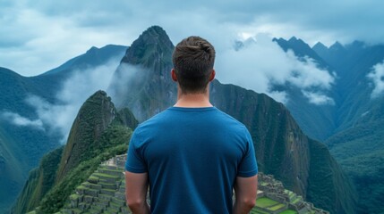 Naklejka premium Caucasian man in blue shirt admires Machu Picchu mountains, travel adventure, cultural exploration, South American sights, photography