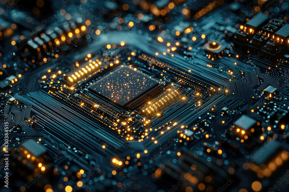 Poster A complex and intricate close-up of a modern computer circuit board with glowing components, showcasing technology and connectivity in detail.