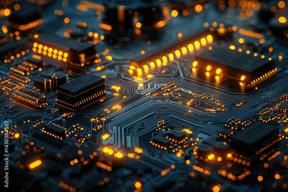 Aufkleber detailed view of a circuit board with glowing orange lights, highlighting the complexity of modern t