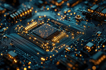 A complex and intricate close-up of a modern computer circuit board with glowing components, showcasing technology and connectivity in detail.