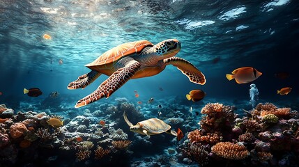 Fototapeta premium Sea turtle swims among coral reef, sunlight filters, colorful fish