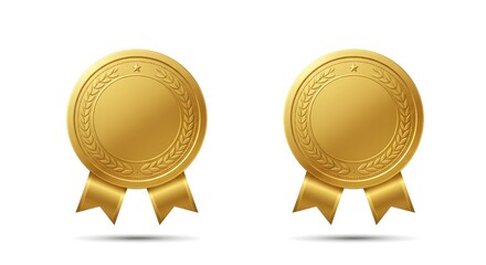 Gold Medal with Ribbon, Realistic Award Emblem on White Background