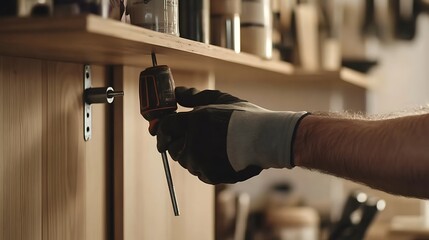 Carpenter Using a Drill in Workshop