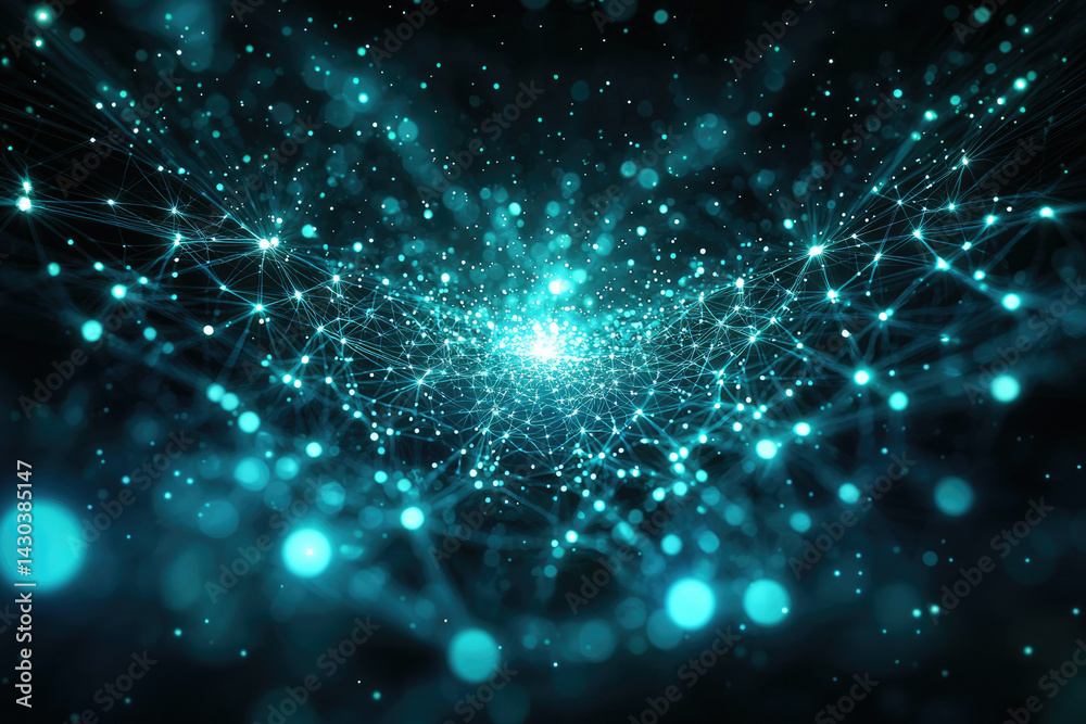 Poster Abstract teal network of interconnected nodes, representing data, communication, and futuristic technology glowing in the dark background.