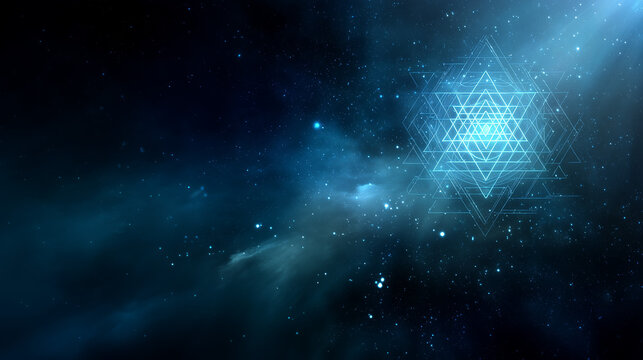 Sri Yantra floating in cosmic space with light particles surrounding it, gradient background from black to galactic blue