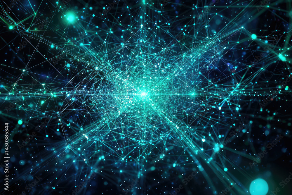 Aufkleber A network of interconnected glowing blue nodes and lines creates a futuristic and technological abstract background with a bright central source.