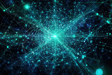 A network of interconnected glowing blue nodes and lines creates a futuristic and technological abstract background with a bright central source.
