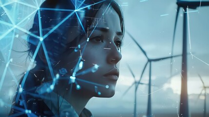Woman with digital overlay and wind turbines in the background looking to the future of energy
