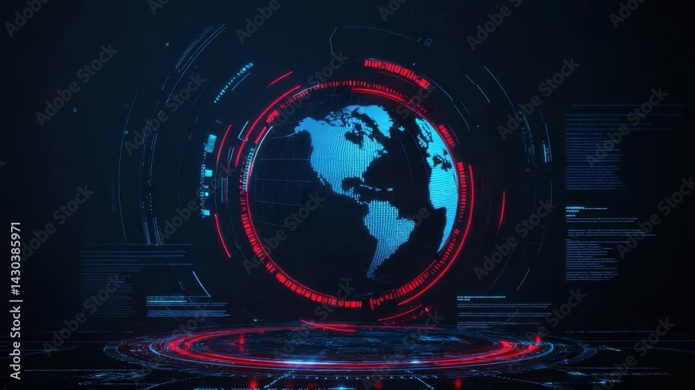 Poster futuristic global network visualization with digital elements and data overlays on dark background