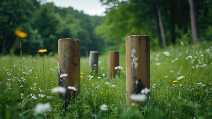 Faded landmine markers stand amid a lush field of wildflowers, peaceful yet ominous