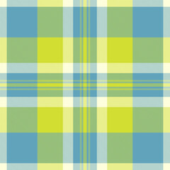 Outfit tartan seamless texture, formal textile fabric background. Calm vector pattern plaid check in cyan and pear colors.