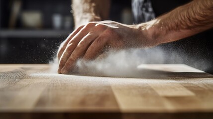 Hand Sprinkling Flour on a Wooden Surface