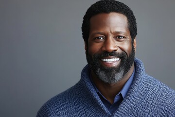 A smiling African American man exudes confidence as he stands in front of a home office background, posing for a headshot with a face-front close-up portrait
