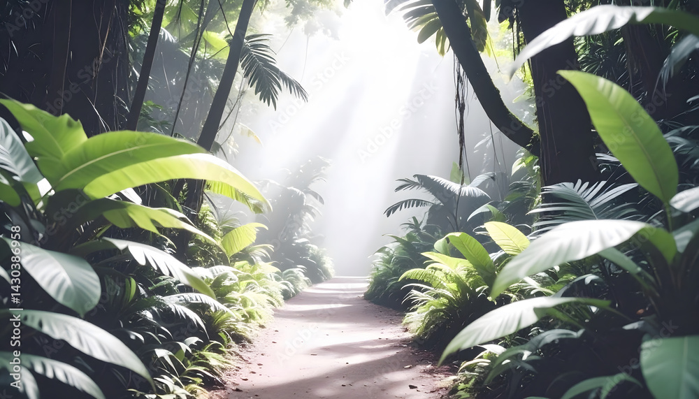 Poster serene forest path illuminated by soft sunlight and lush greenery