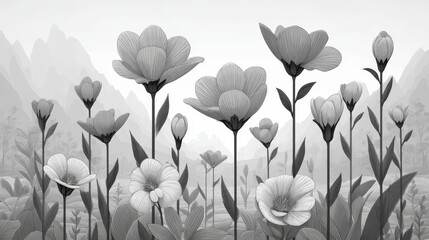 Naklejka premium Grayscale Pixel Art Flower Field with Mountain Background