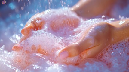Obraz premium Squeezing vibrant shower gel onto loofah, creating thick foam and glistening bubbles under bright lighting
