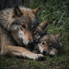 Fototapeta premium Wolf Pup Curled Up Beside Its Mother