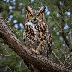 Fototapeta premium Great Horned Owl Perched on a Gnarled Branch