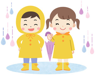 雨の日にレインコートを着たかわいい子供たちのアイコンイラスト