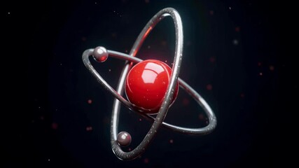 3D rendering of an atom with electrons orbiting around a central red nucleus, showcasing atomic structure