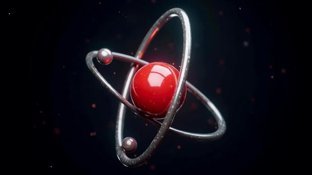3D rendering of an atom with electrons orbiting around a central red nucleus, showcasing atomic structure