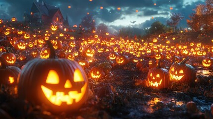 Fototapeta premium Spooktacular Halloween night with glowing jack-o'-lanterns in a pumpkin patch.