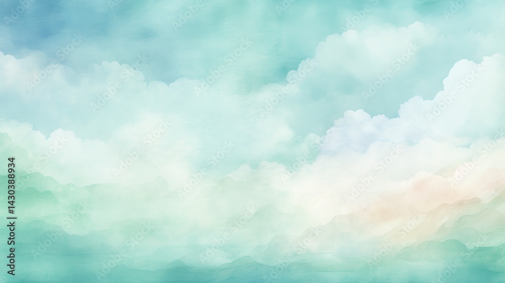 Wall mural a watercolor sky with a blue and green gradient background featuring soft clouds and a paper texture