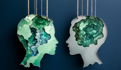 The mental health concept of bipolar disorder is depicted through a human head created from layered paper cuts, presenting a variety of emotions