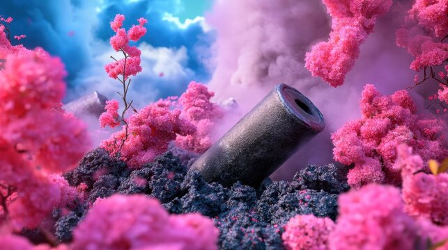 Metal fragments and mines surrounded by soft pink flora, a visual paradox of beauty and peril