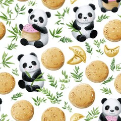Obraz premium Seamless repeat pattern featuring hand-painted pandas in watercolor style, with bamboo shoots and dumplings, soft black and white tones, isolated on white background, zen garden vibe, vibrant design