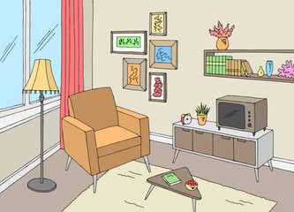 Living room graphic color vintage home interior sketch illustration vector 