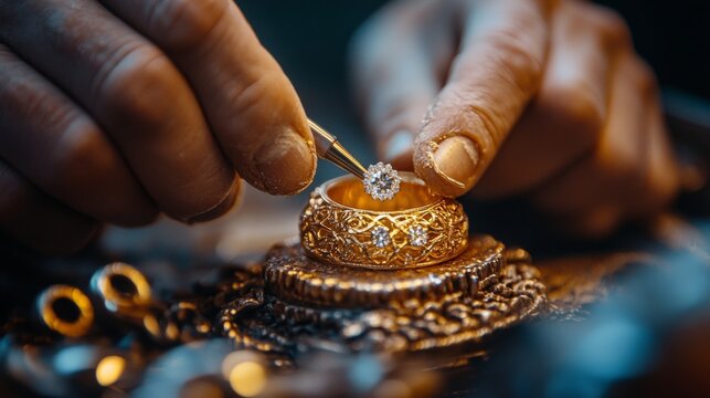 Jewelers hands expertly setting a gemstone into an ornate gold ring with precision tools under soft studio lighting