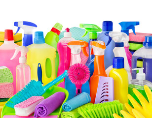 Sortiment Reinigungsmittel Hintergrund transparent PNG cut out   Various Cleaning Agents