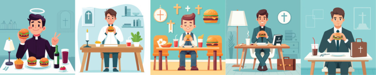 vector priest eating burger at table