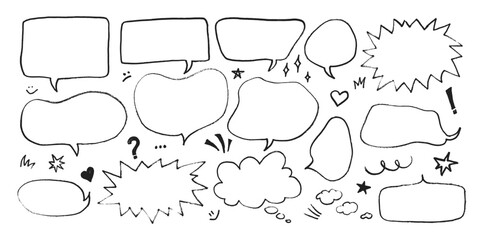 Fototapeta premium Dialogue speech bubbles with pen or crayon chalk doodle emphasis hand drawn style vector illustration set. Chat balloons crayon chalk style various dialogue frames collection hand drawn sketch style.