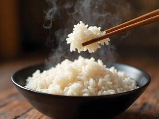 A white bowl holds a healthy rice dish with chopsticks, a closeup of a nutritious grain meal