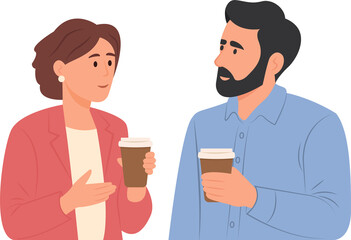 Two people with hot drinks talking during a coffee break. Vector Illustration isolated